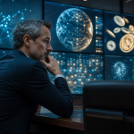 Ambiente institucional de mercado financeiro com representação visual abstrata de ativos tokenizados e tecnologia blockchain