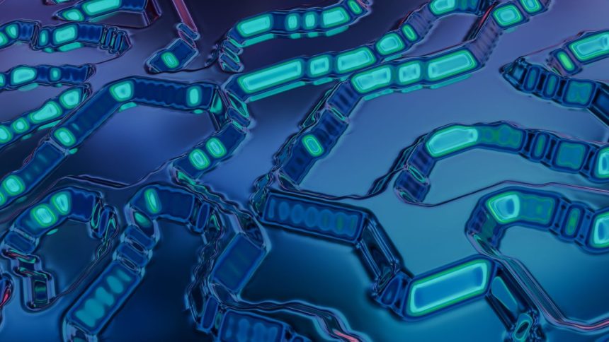 Padrão abstrato azul e turquesa com linhas semelhantes a circuitos digitais.