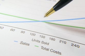 Caneta apontando para um gráfico financeiro com linhas de vendas e custos.